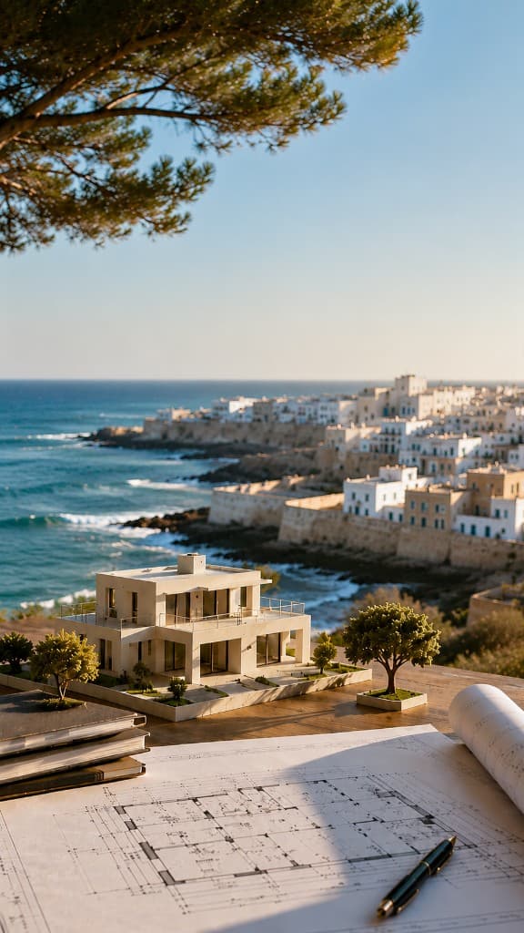 Architectural model and plans in front of Essaouira medina